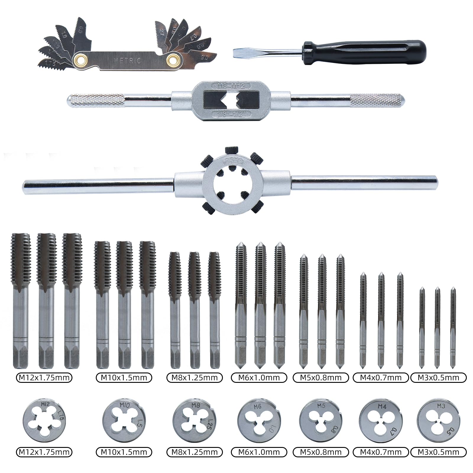 CCLIFE Coffret de Tarauds et Filières,32 pièces Kit de Filetage M3-M12 pour la Création et la Réparation de Filetage Taraudage et Filetage | Taraud et filière, avec taraud