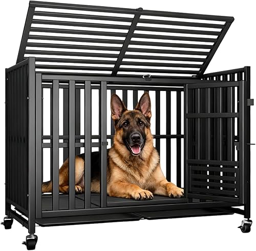 Jaula indestructible de alta resistencia para perros grandes, perrera de metal a prueba de fugas con ruedas bloqueables y bandeja extraíble, marco