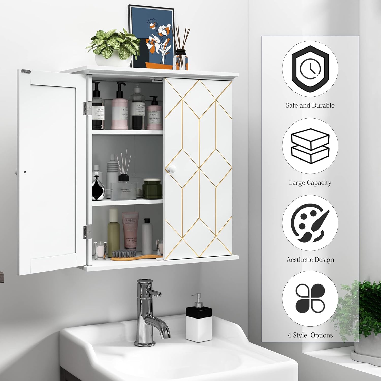 Bathroom Cabinet with Gold Trim, Wall-Mounted Bathroom Storage Cabinet with Adjustable Shelves and Side Hooks, Space Saver Medicine Cabinet for Livingroom, Laundry, Classical White