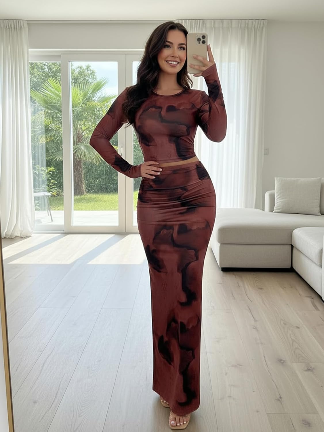 Women's 2 Piece Tie Dye Sets Long Sleeve Crop Top and Ruched Bodycon Maxi Skirt Cocktail Party Outfits - Image 5