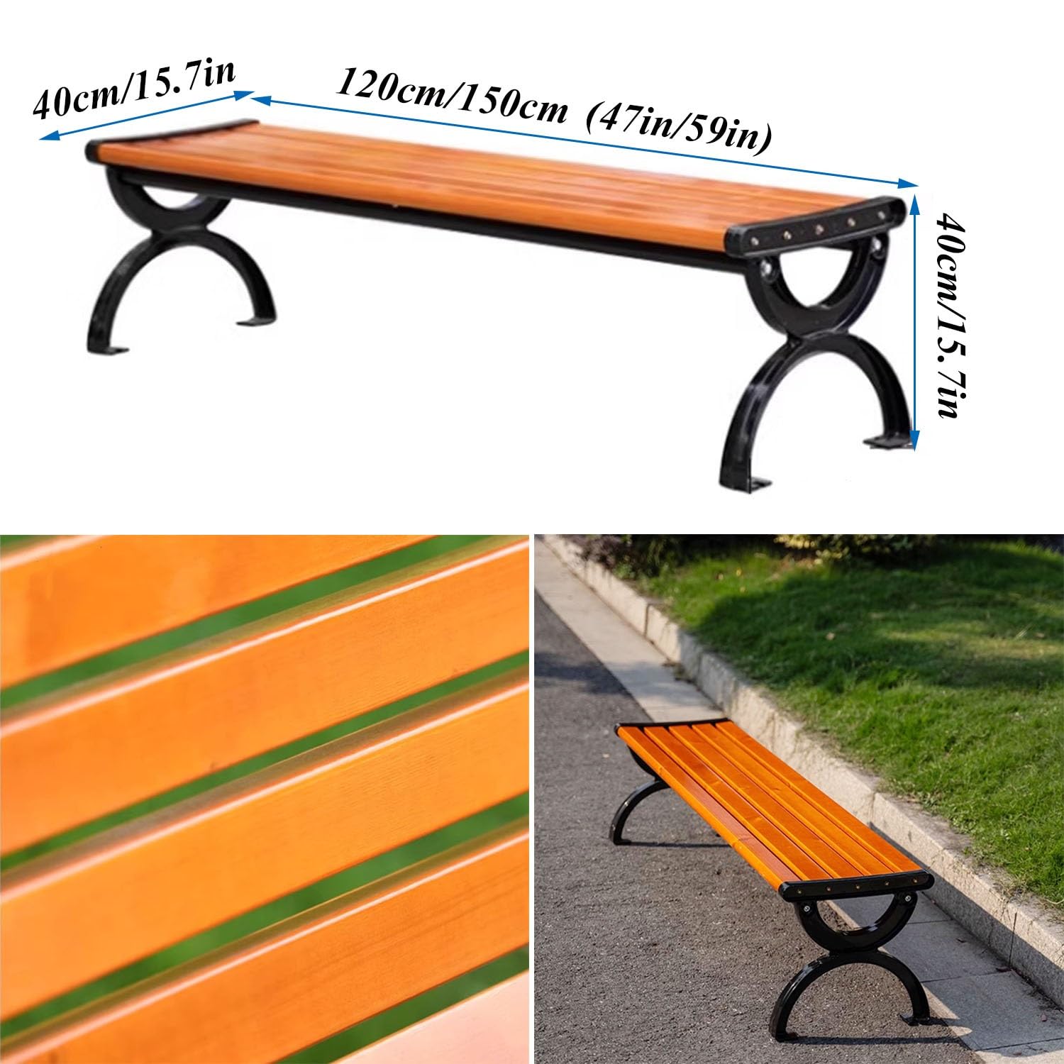 Panca da Giardino per Esterni, Panca da Portico Resistente alle intemperie per 2 Persone 120-150 cm Senza Schienale per Portico, Ingresso, Prato, Parco, Cortile(1.5m)