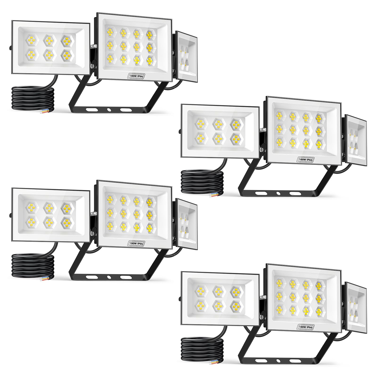 Viugreum LED Floodlight Outdoor 100W 4Pcs, 10000LM Super Bright Led Security Light with 3 Head Adjustable, Daylight White 6500K LED Spotlight, IP66 Waterproof Outdoor Wall Light for Yard Court Street