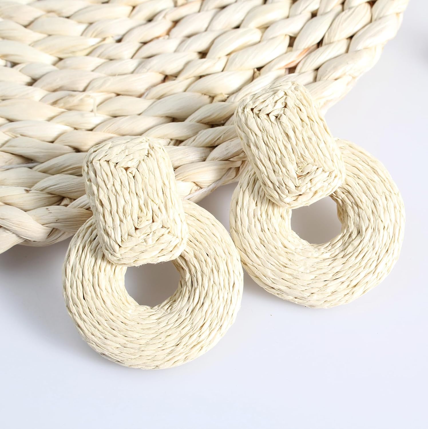 ATIMIGO Handmade Statement Raffia Earrings Cute Boho Rattan Dangle Earrings Lightweight Straw Wrap Summer Drop Dangling Earrings for Women - Image 6