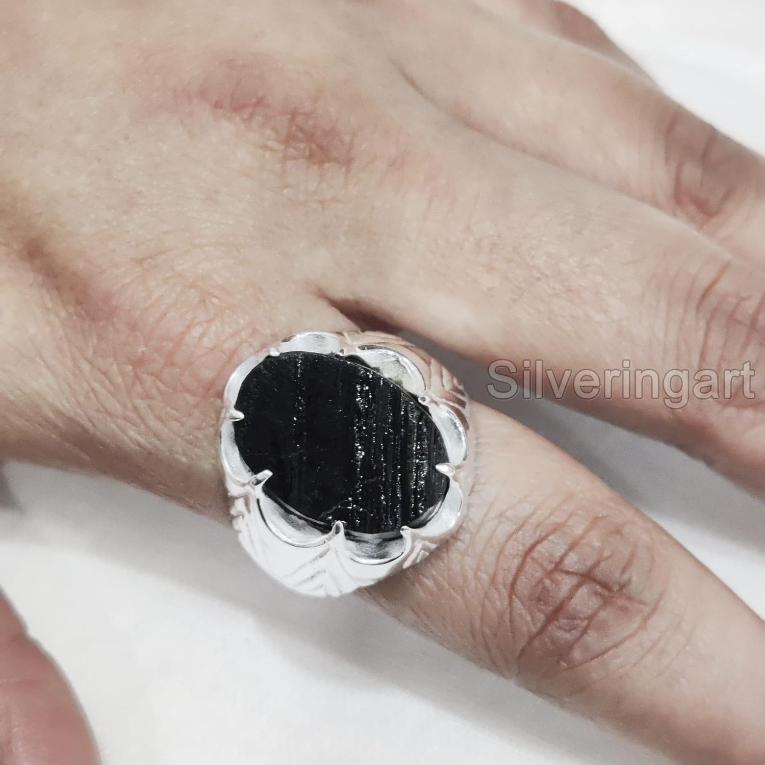 Rough Black Tourmaline Mans Ring, Natural Black Tourmaline, Silver Jewelry, 925 Silver Ring, Birthday Gift, Heavy Mens Ring, Arabic Design, Ottoman Style Ring, Christmas, Turkey Mens Signet Ring