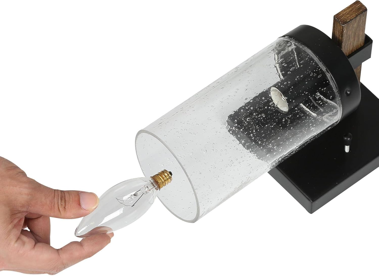 Sconces Wall Lighting, 1-Light Black and Faux Wood Wall Sconce Light, Modern Bedroom Bathroom Wall Sconces Indoor with Seeded Glass Shade