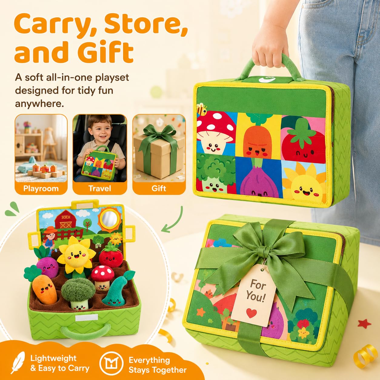 Fattoria Verdura Bambini, Giochi Montessori 1 Anno, Verdura Fattoria per Bambini con Peluche, Libro Sensoriale Neonati, Set Educativo Sensoriale con Sonagli, per La Prima Scoperta del Bebè