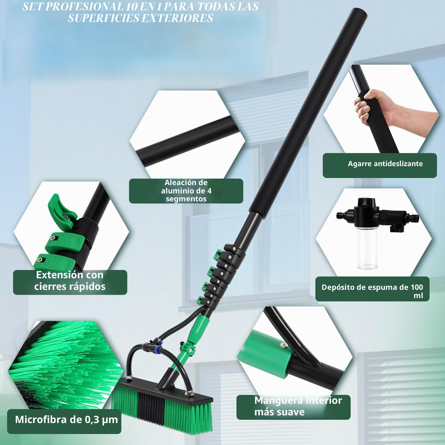 Limpiador de ventanas telescópico, 3,6 m, juego profesional de cepillo de lavado, pulverizador con depósito de espuma, extractor y 10 accesorios