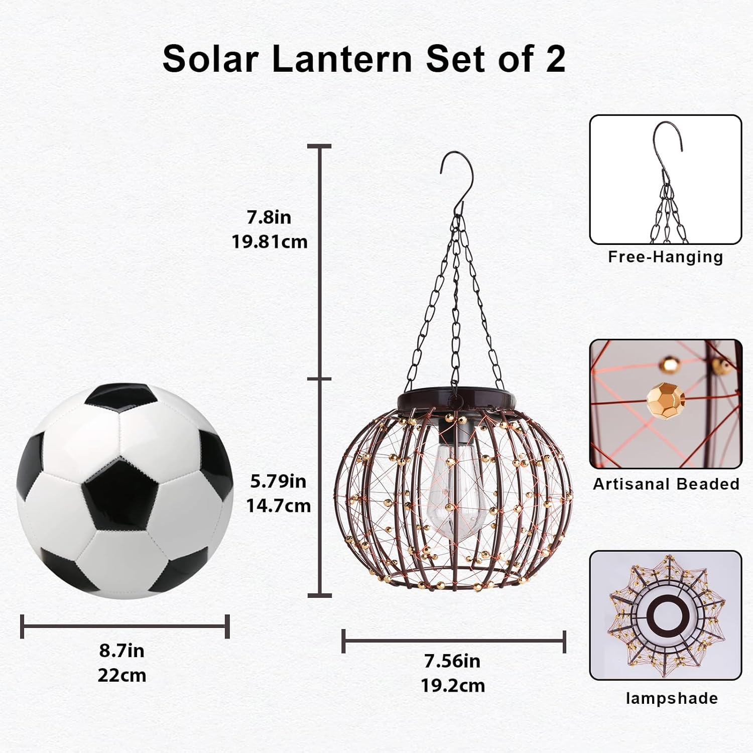 Hanging Solar Lanterns Outdoor Waterproof, Vintage Copper Hanging Lights, Solar Chandelier for Yard Garden Gazebo Pergola Porch Decor, 2 Pack