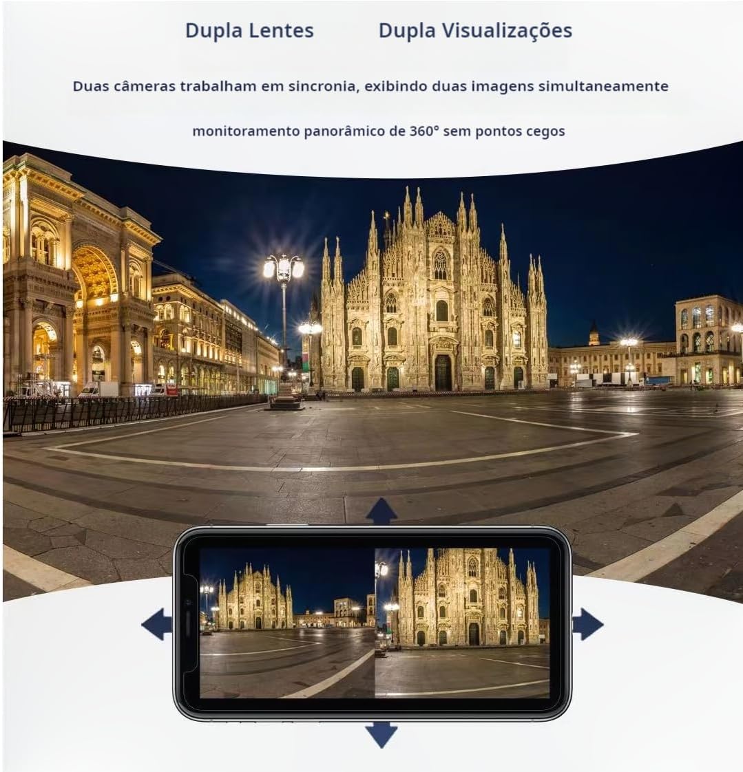 Smartphone screen showing dual camera views side-by-side, demonstrating how the two lenses work in sync for 360-degree panoramic monitoring without blind spots.