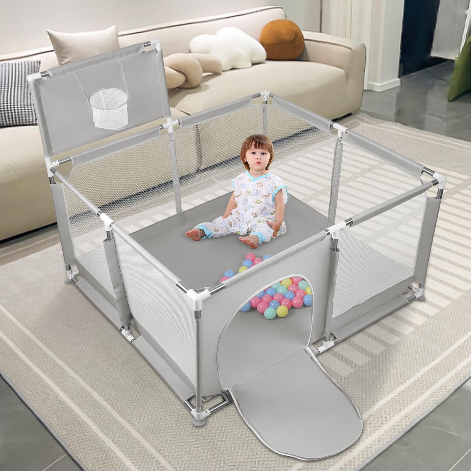 Parc Bébé,grand parc pour enfant en bas âge, Filet Respirant et Ventouses Antidérapantes, pour Enfants en Tissu Oxford 210D, Parc de Jeu Intérieur et Extérieur (126 x 126 x 66 cm (A) Gris clair)
