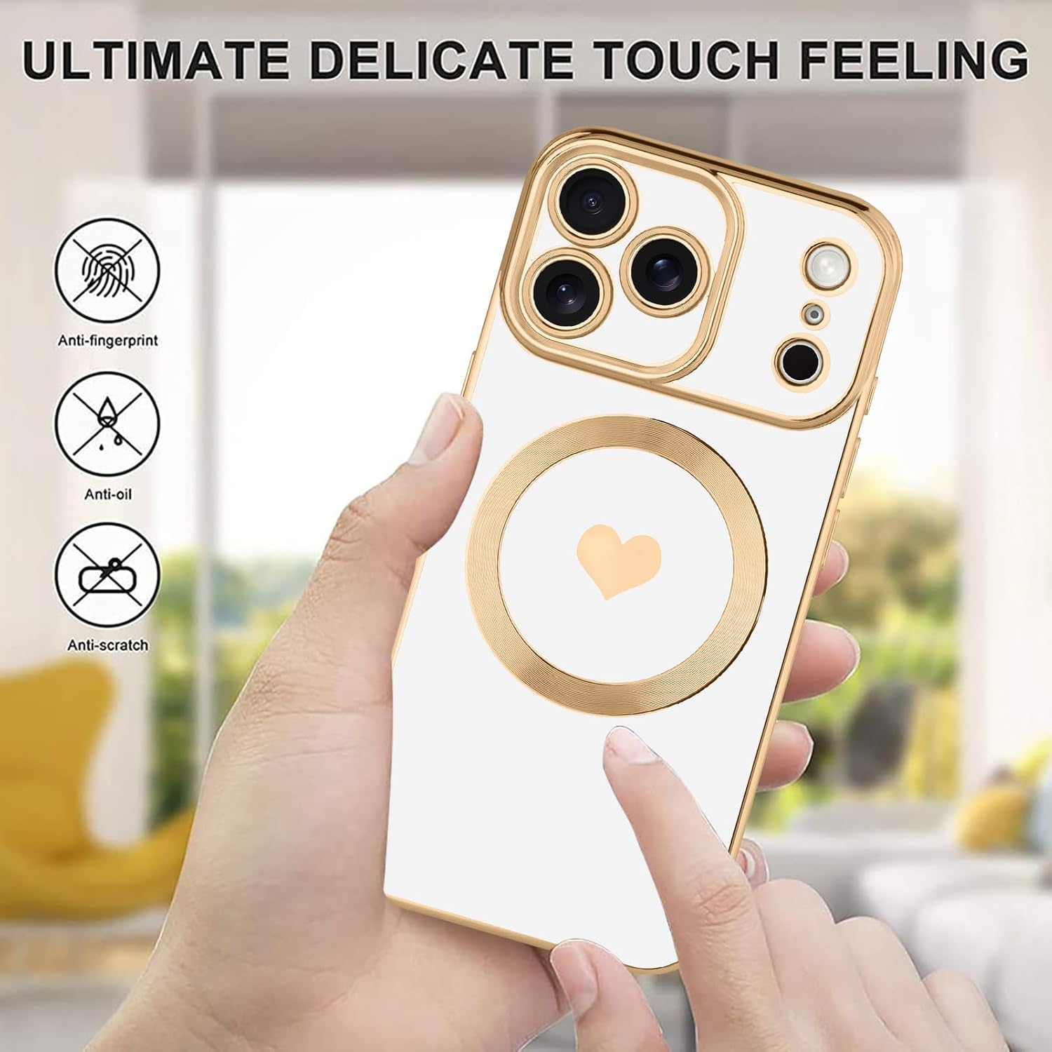 tharlet Magnetic for iPhone 17 Pro Max Case [Compatible with Magsafe] Cute Love Heart Luxury Plating Gold Edge Bumper with Full Camera Lens with Privacy Screen Protector, White (6.9") - Image 6