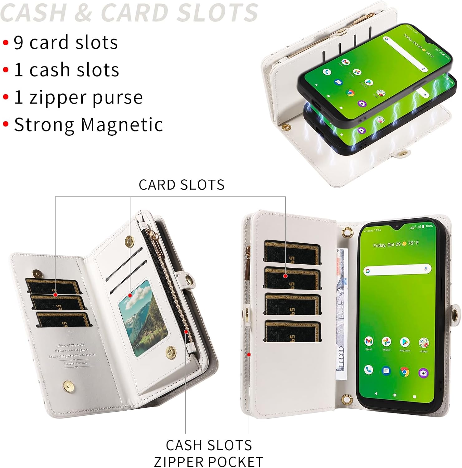 Asuwish Phone Case for Cricket Dream 5G/AT&T Radiant Max 5G Zipper Wallet Detachable Cell Cover with Tempered Glass Screen Protector Lanyard Strap Glitter Flip Card Holder Slot ATT G5 6.8 Women White