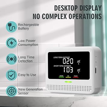 Digital Radon Detector - User-Friendly Desktop Device with HD LCD Display, 2-3 Years of Battery Life on 6-Hour Charge, 10-Year Sensor Lifespan, Perfect for Accurate Home and Office pCi/L Reading