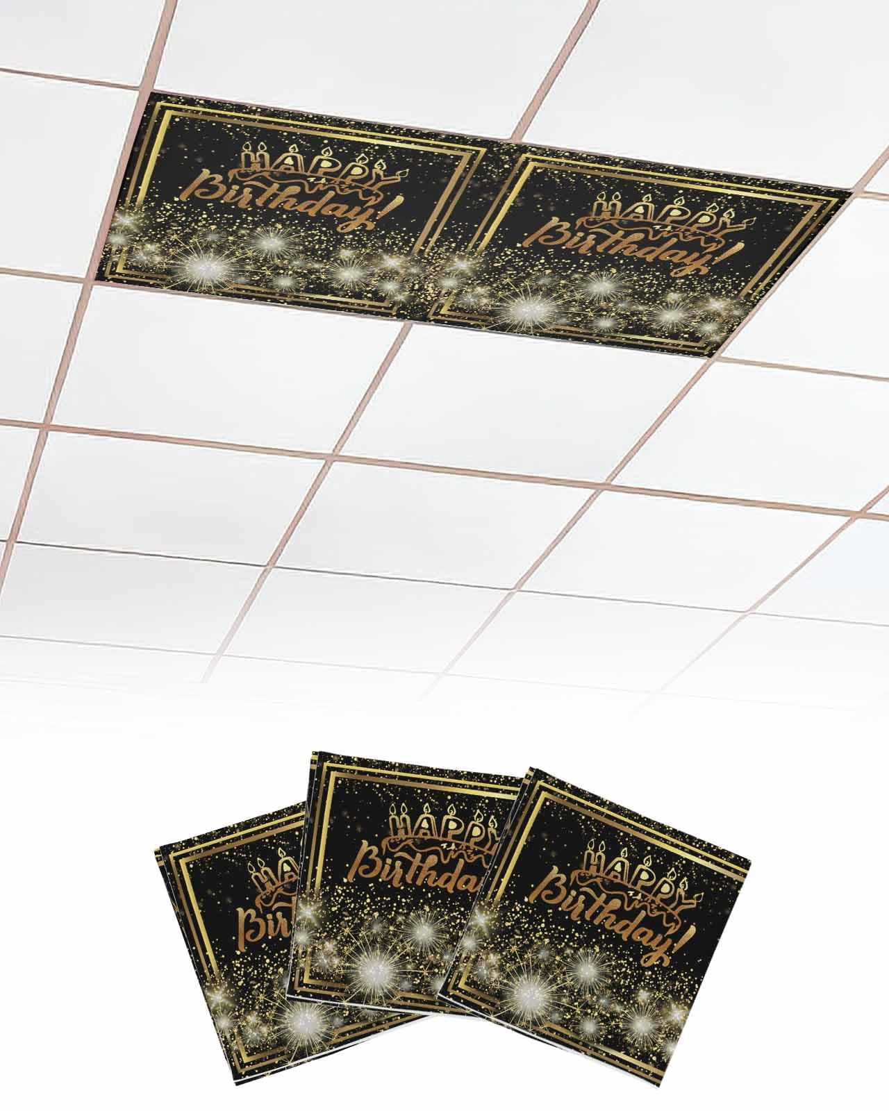 EwdeWwo Happy Birthday 3 Pcs Fluorescent Light Covers for Ceiling Lights, Gold Birthday Firework Magnetic Light Filters for Eliminate Harsh Glare Classroom Office Decoration, 4 x 2 Ft
