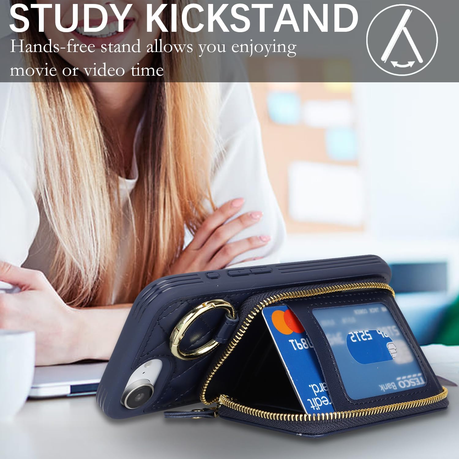 for iPhone 17e/16e Case Wallet with Card Holder,for iPhone 17e/16e Phone case Wallet with Zipper with Slot Kickstand Stand Case for Women and Man 5G 6.1 Inch-Blue