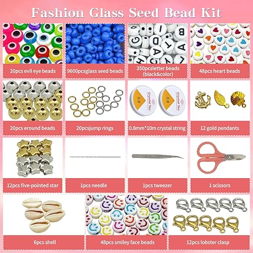 Miniatura 6 de VDNFGTOU 9800 cuentas de cristal de 48 colores para hacer pulseras, 400 cuentas del alfabeto de letras para manualidades, pequeñas cuentas de