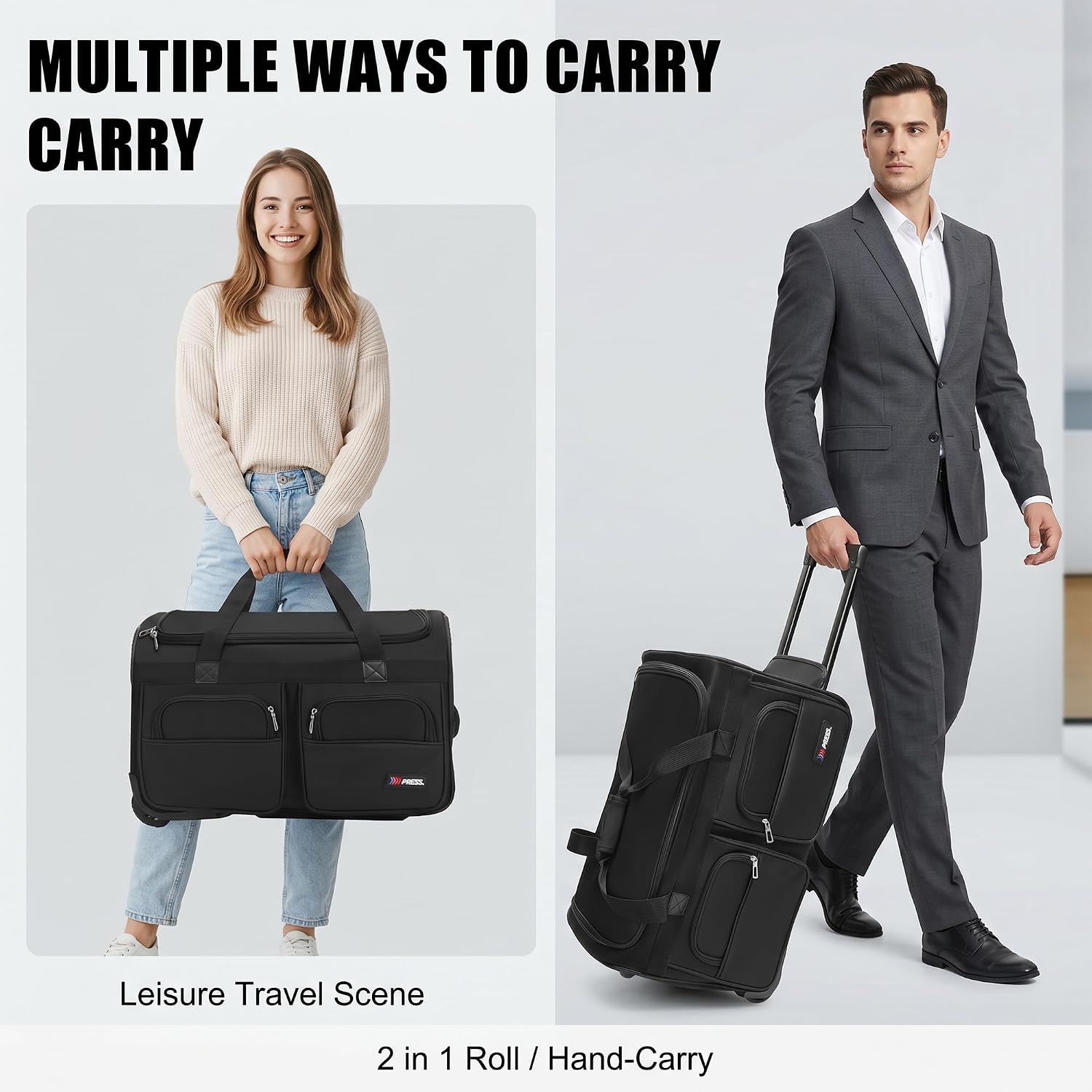 22'' Large Rolling Duffle Bag with Wheels and Handle,Travel Duffle Bag W/Durable Ripstop Polyester Material for Men Women,All Black