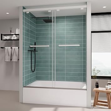 ROOMTEC Frameless Bathtub Shower Doors 54-60 W x 60 H, Double Sliding Tub Shower Door with Tempered Glass 5/16"8mm, Duty Stainless Steel Hardwares, Matte Black