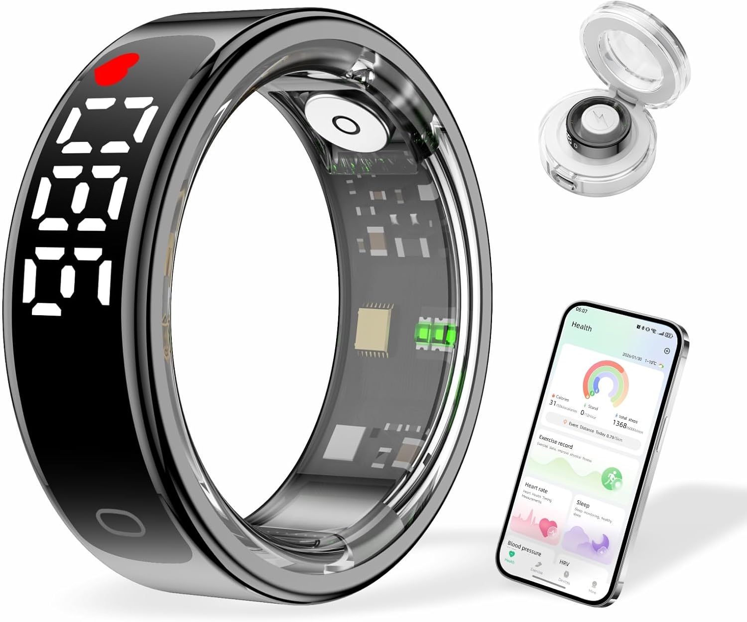 Smart Health Ring, Magnetic Charging,Waterproof Fitness Tracker Ring,Sleep Heart Rate Blood Pressure Step Bluetooth Remote, iOS & Android