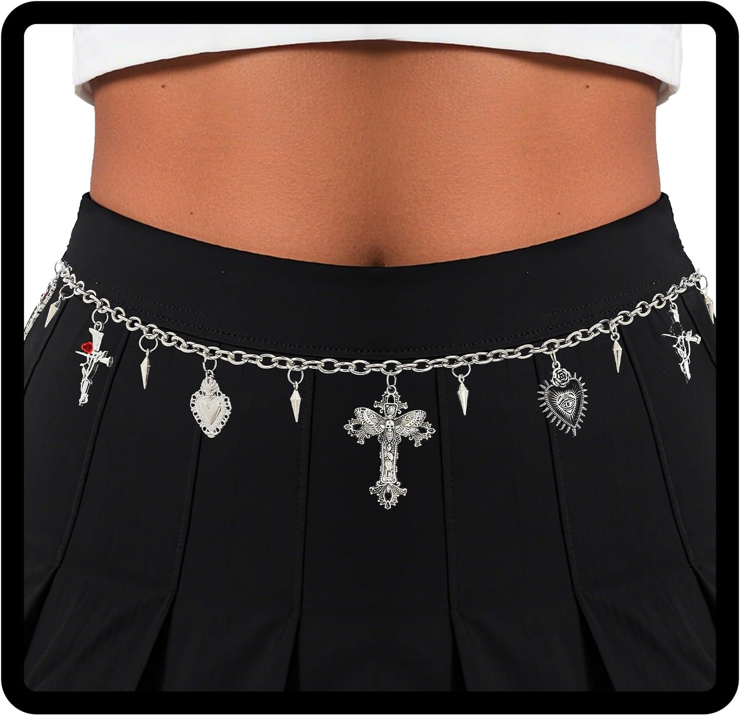 Navoky Goth Waist Chain Y2k Silver Cross Heart Belt Women Charms Skeleton Punk Body Chain for Pants and Dress