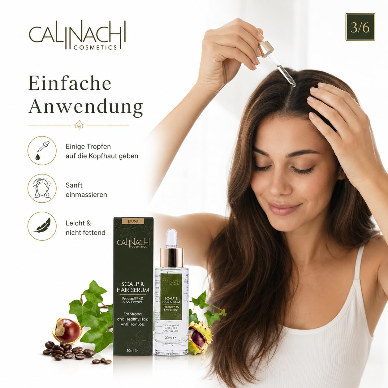 CALINACHI Haarserum für Haardichte & Wachstum 30 ml | gegen Haarausfall - Procapil, Koffein, Hyaluronsäure | Ivy- & Rosskastanien-Extrakt, Vitamine A/E/F | Kopfhautpflege, leicht & nicht fettend