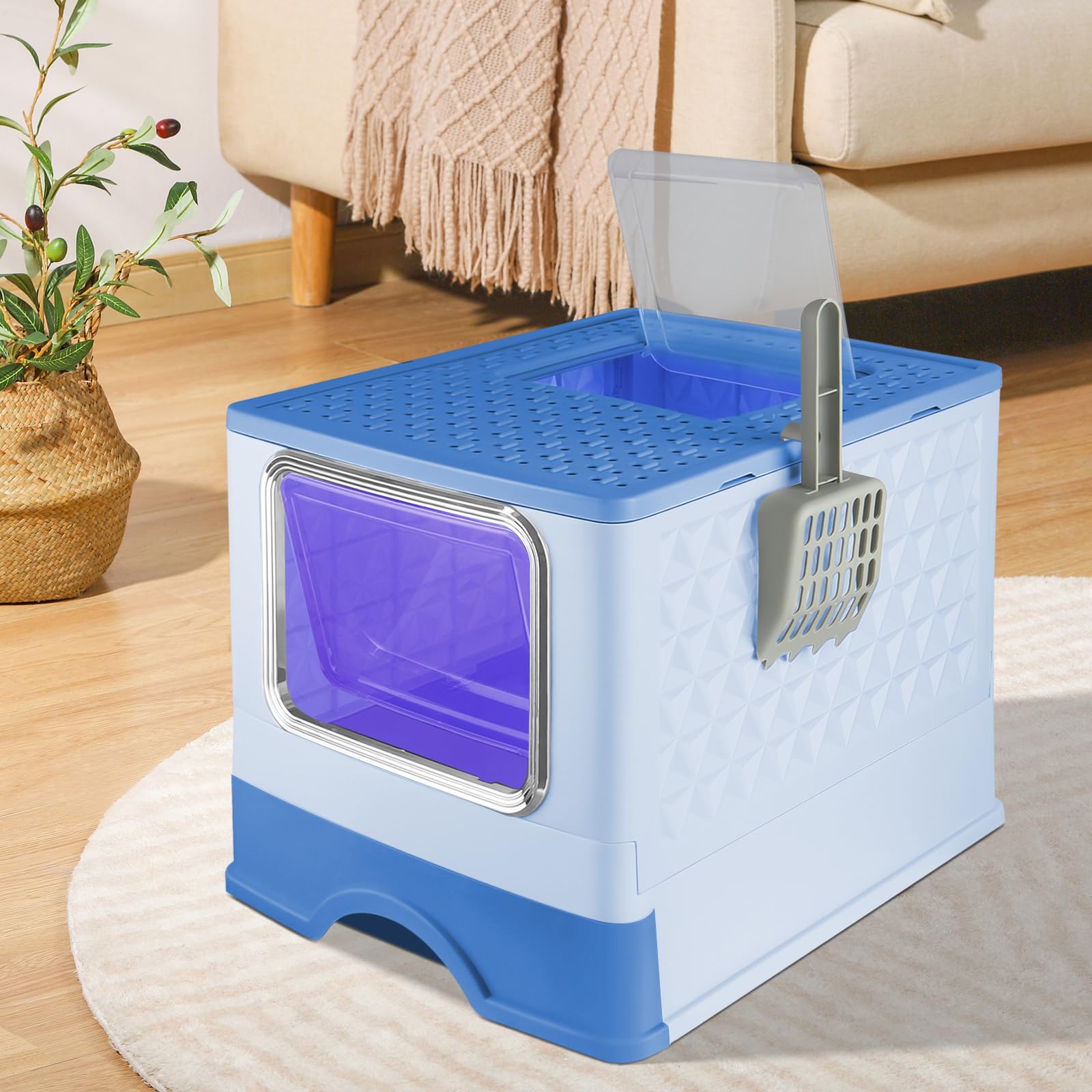 Bandeja para cama de gato, con pala incluida, bandeja extraíble, 2 aberturas (52 x 39 x 39 x 39 cm-Bleu+UV)