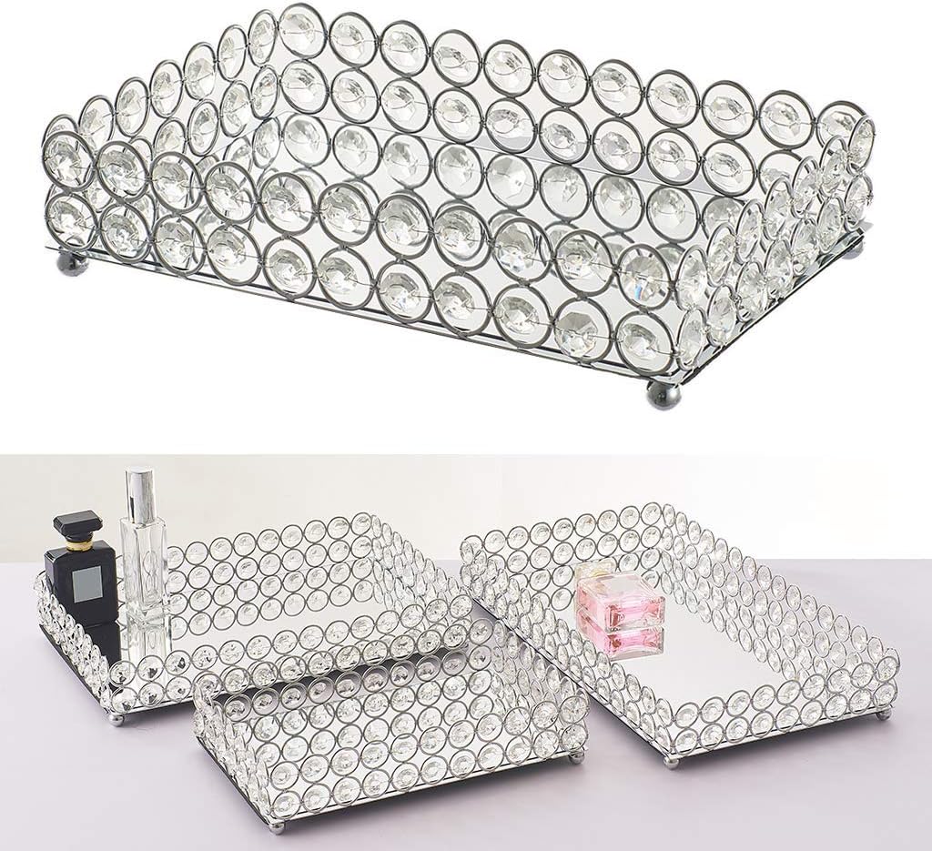 Crystal Jewelry Tray Mirrored Decorative Vanity Tray Makeup Jewelry Organizer Wedding Decoration (25x15x5cm)
