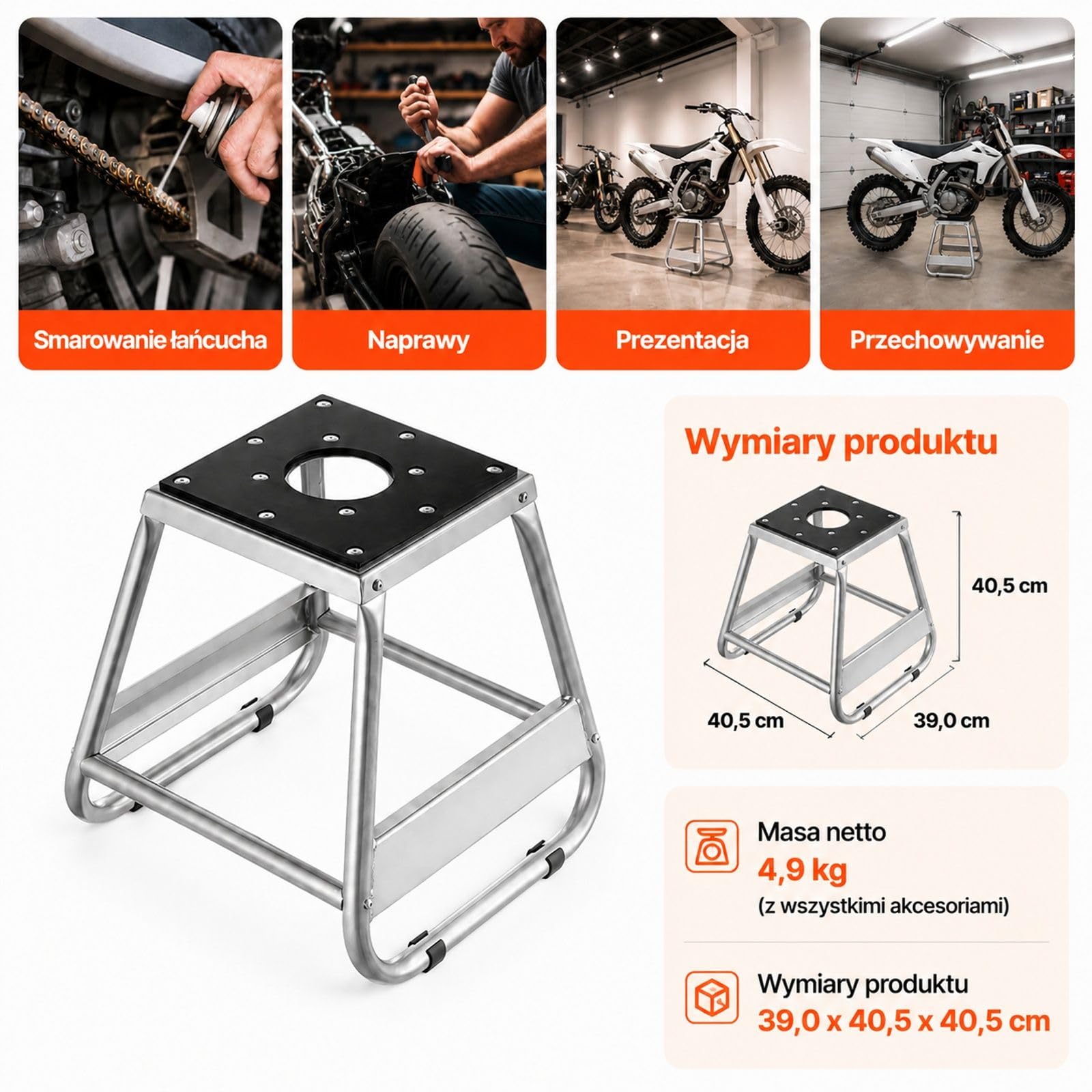 Stojak serwisowy do motocykla terenowego, podnośnik z udźwigiem 498 kg, gumowa platforma i kompaktowe przechowywanie