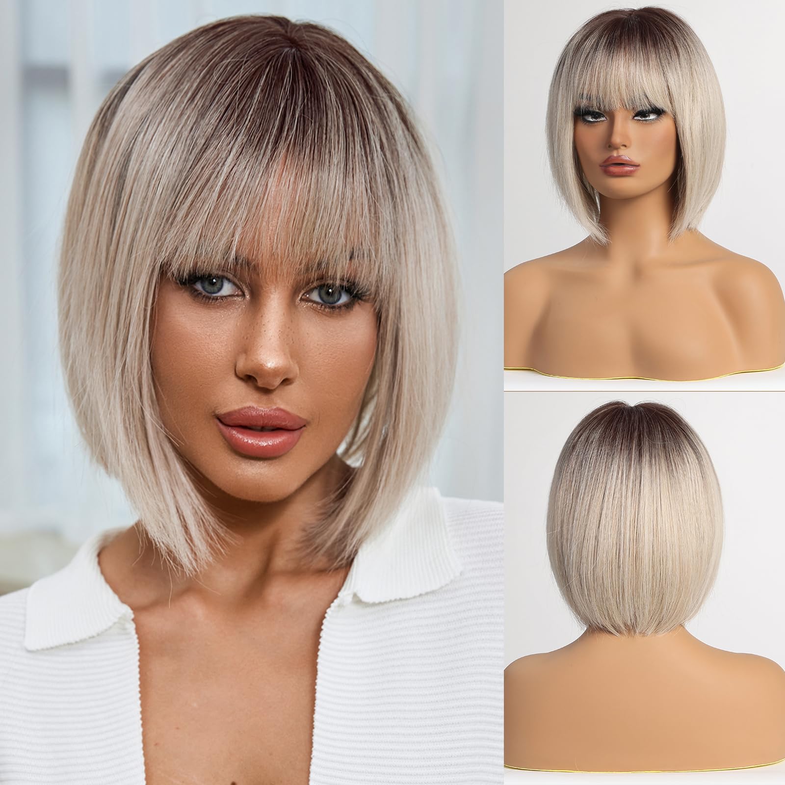 EMMOR Omber Blonde Bob Wig with Bangs 12" Short Bob Wigs for Women Short Blonde Wig with Dark Roots Heat Resistant Synthetic Wig Natural Looking for Daily Use Party and Cosplay(Ombre Ash Blonde)