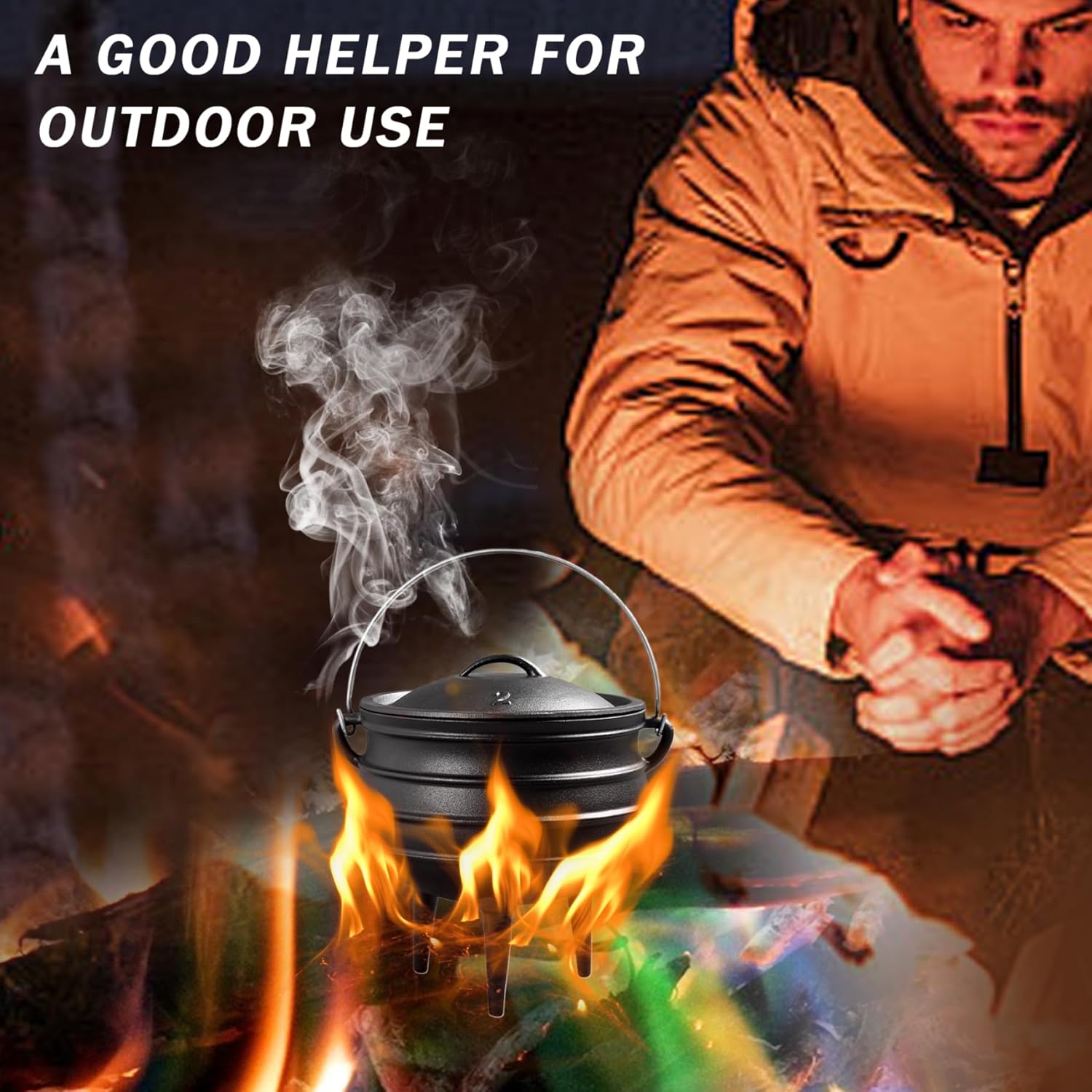 Cauldron 3L Witches Cauldron with Lid and Handle Camping Pot Cookware Dutch Oven with 3 Long Legs Cast Iron Simmer Pot for Fireplace Coal Cooking Halloween Decorations Style 2