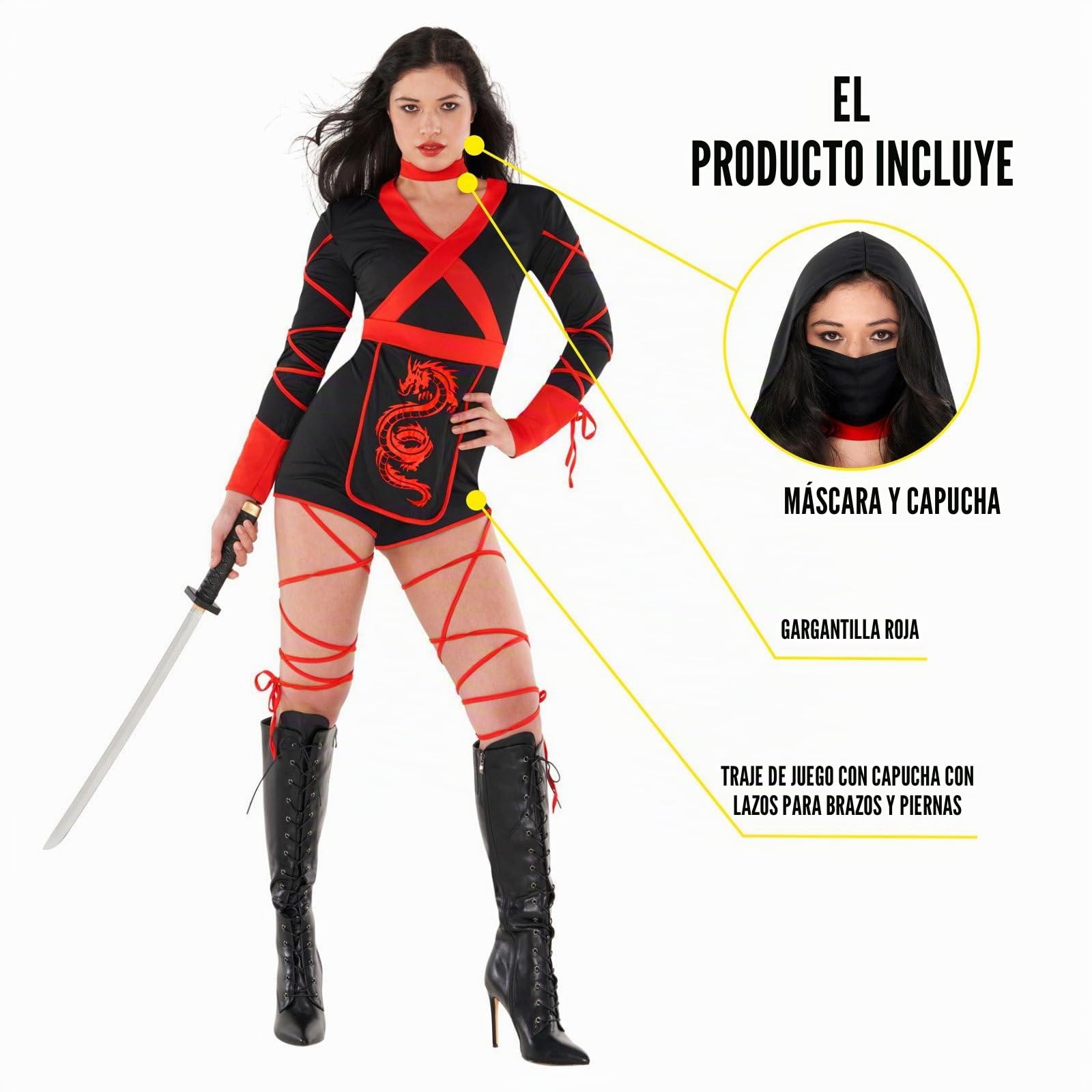 Morph Disfraz Ninja Mujer Adulto Mono Corto Estampado Dragón Rojo Capucha Gargantilla Máscara Daga Estrellas