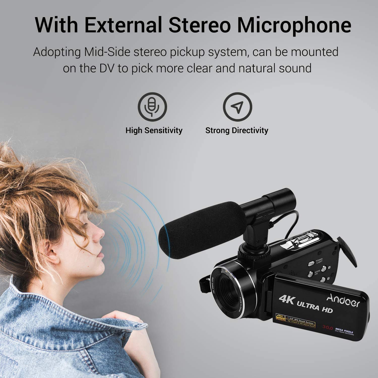Caméscope Numérique 4K/60FPS WiFi Andoer - Microphone Inclus, Zoom 16x, écran Tactile 3", Vision Nocturne