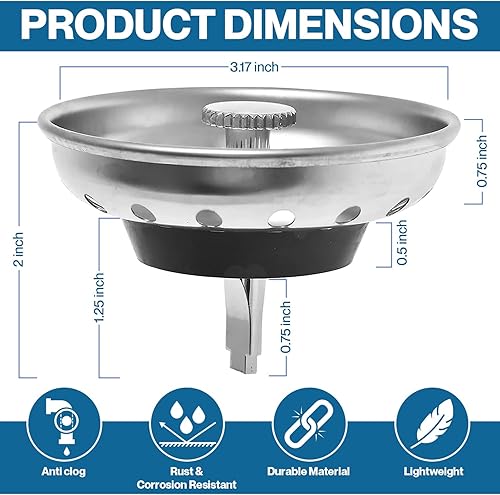 Miniatura 3 de Colador de drenaje para fregadero de cocina, paquete de 2 tapones de repuesto para drenaje de 3-12 pulgadas, cesta de drenaje de fregadero de acero