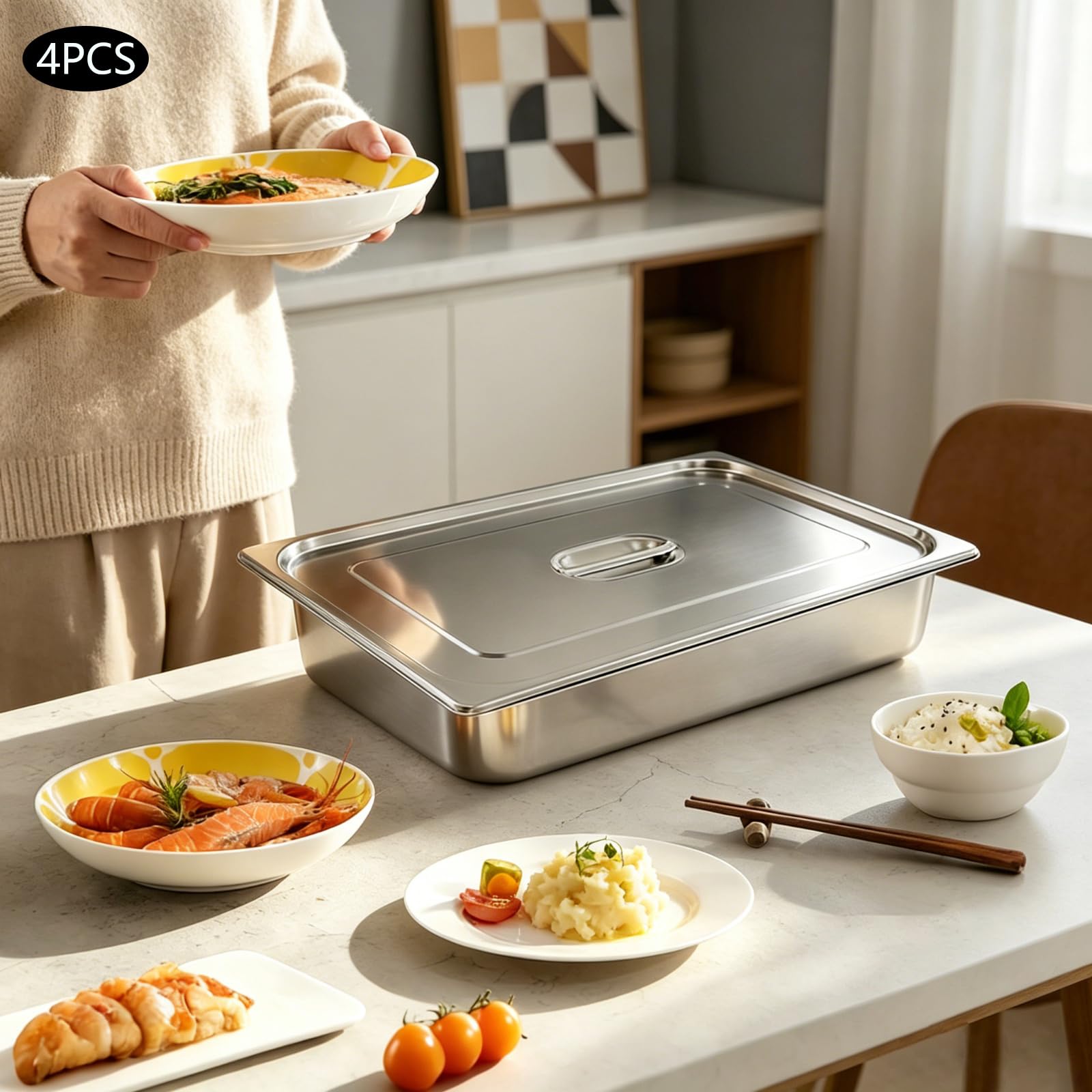 4 contenitori per gastronorm, in acciaio inox con coperchio