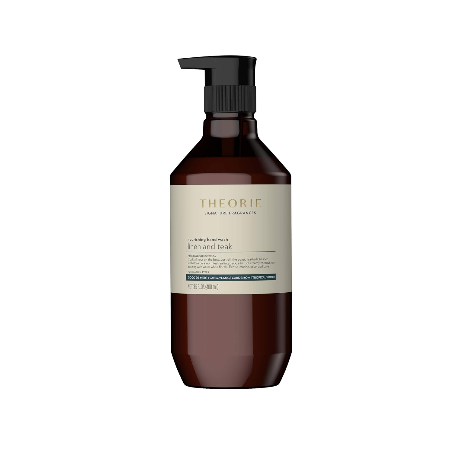 Theorie Linen and Teak Hand and Body Wash – Signature Fragrances – Antimicrobial, Antibacterial, Nourishing, Luxury Soap, Cardamom, Tropical Wood & Coconut/Pump Bottle – 400mL