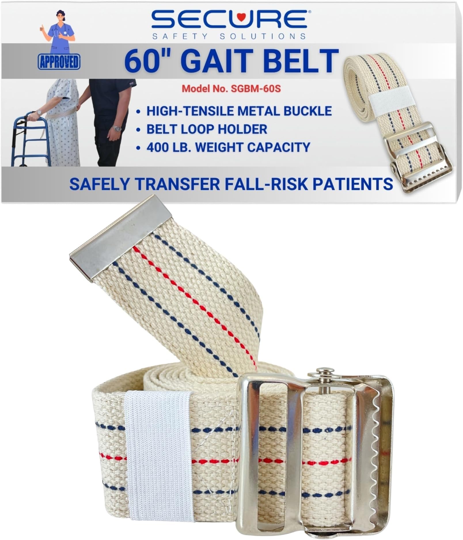 Secure Transfer Gait Belt w/ Metal Buckle & Belt Loop Holder, Beige - 60L x 2W - One Year Warranty by Secret
