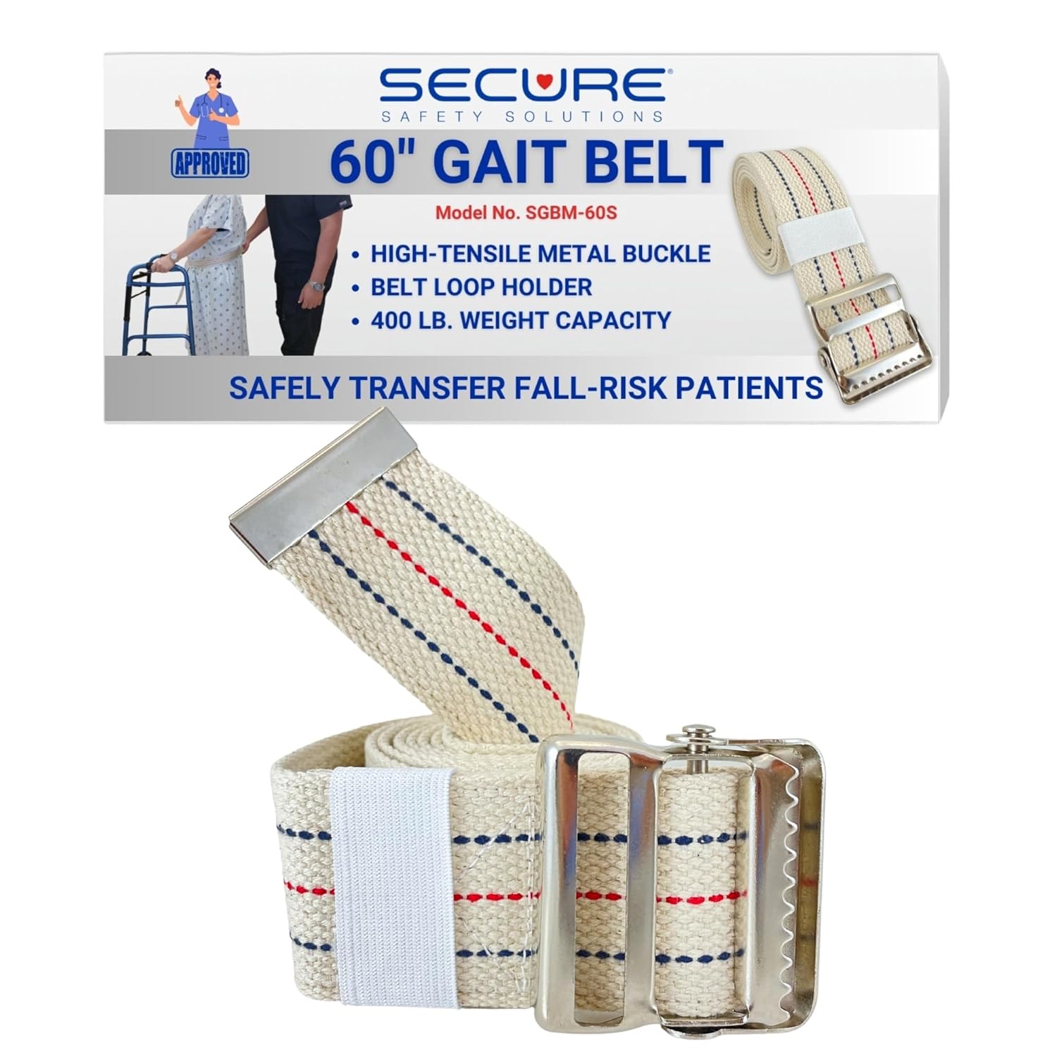 Secure Gait Belt for Seniors with Metal Buckle - Transfer and Walking Standing Aid Elderly Physical Therapy Nurses