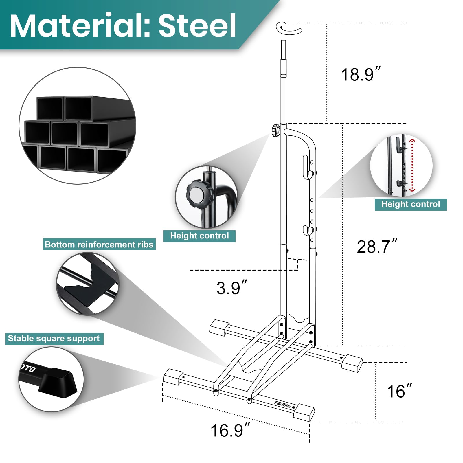 Favoto Support au Sol pour Vélo - Porte-Vélo de Stationnement Intérieur Extérieur Réglable en Hauteur pour Vélos de 20 à 29 Pouces VTT et Vélo de Route 3-en-1 Noir