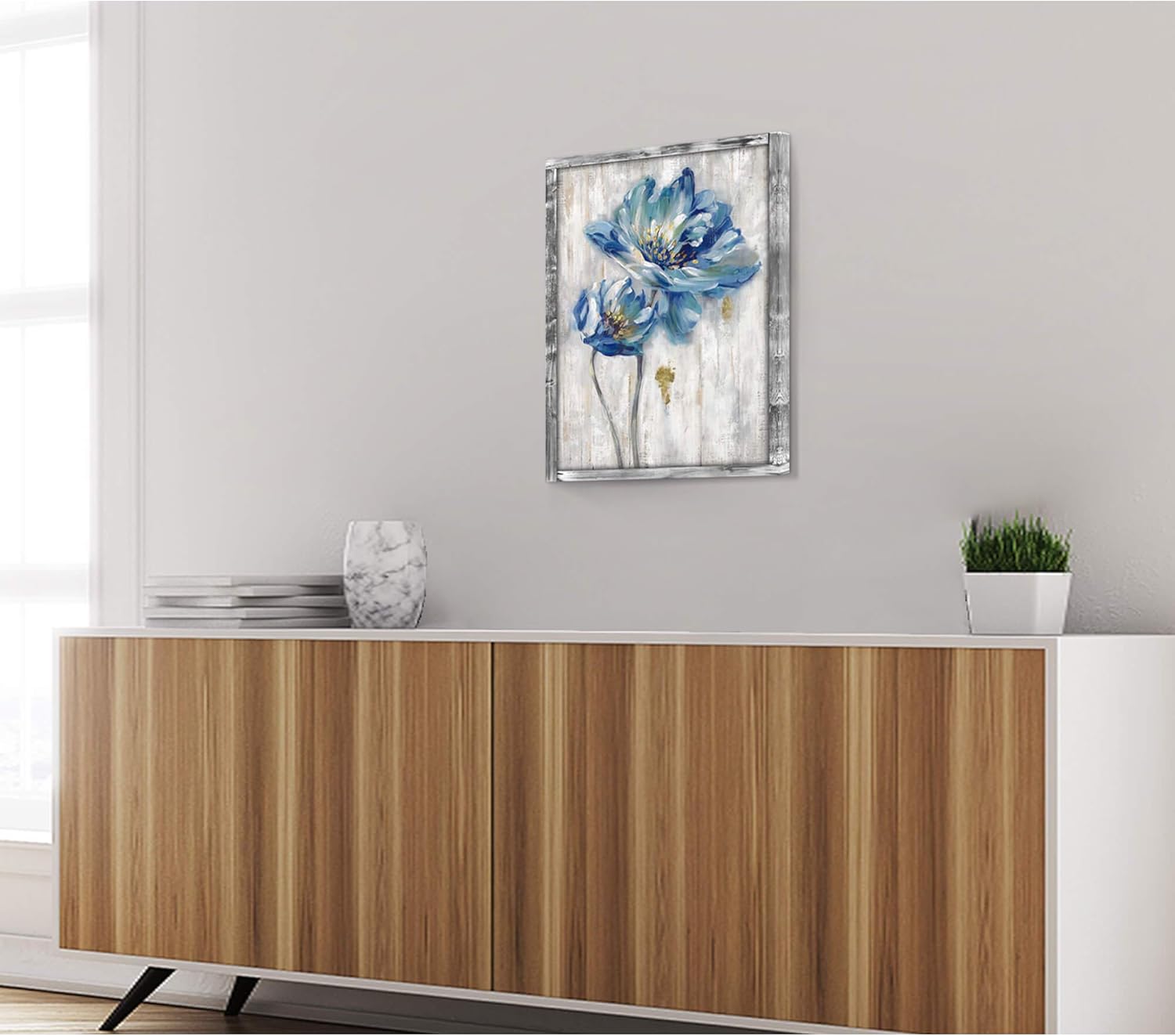 Rustic Wooden Flower Wall Art: Blossom Floral Artwork Print on Natural Wood Grain Picture Framed for Home and Kitchen (12”W x 16”H)