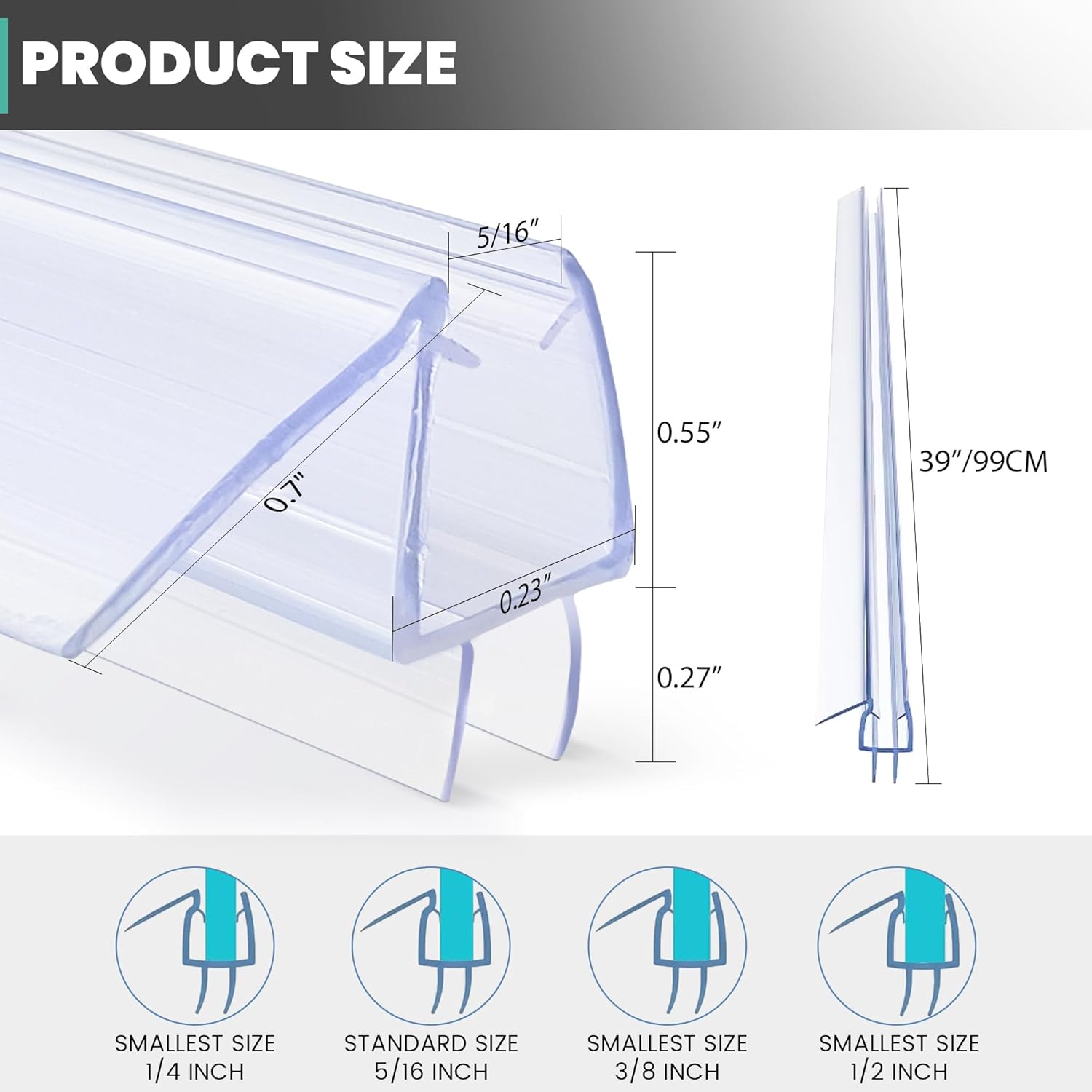 Photo 1 of Shower Door Bottom Seal PVC Strip, Fits for 5/16"(8mm) Thick Frameless Glass Door Panel, 39 Inch Long Clear Door Seal, to Stop Water Leaks