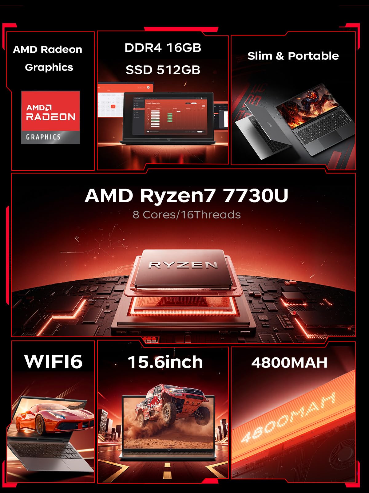 Gaming Laptop with AMD Ryzen7 7730U Processor（Up to 4.5GHz,8C/16T),16GB DDR4 RAM 512GB SSD, AMD Radeon Graphics,WiFi 6,15.6 inch IPS Display,Webcam, Windows 11 Laptop Computer for Video Editing