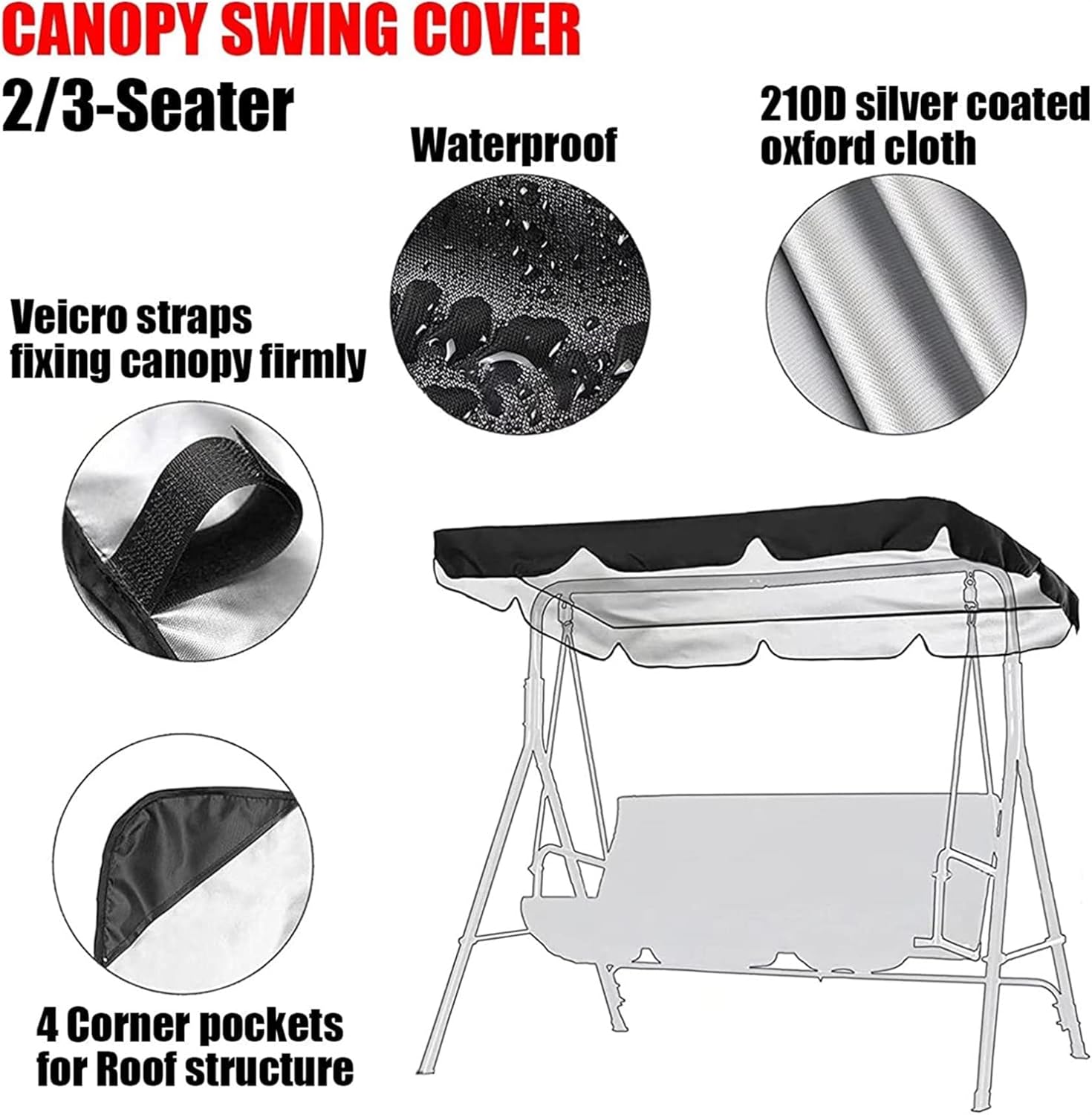 Outdoor Swing Canopy Replacement,Patio Garden Swing Waterproof Swing Porch Top Protection Cover,2 & 3 Seater Porch Seat Furniture Swing Hammock Top Sunproof Cover for Patio Garden Yard