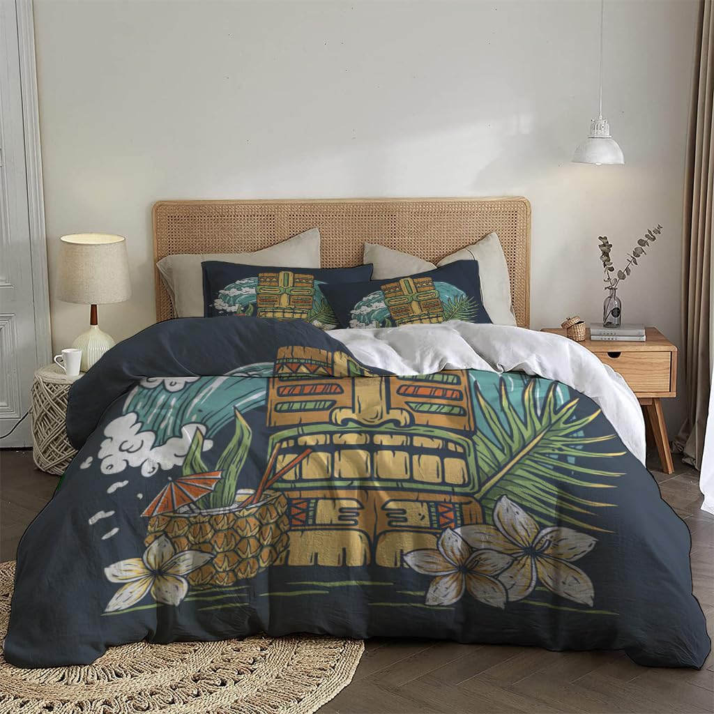 NIBAINLO 布団カバートライバルサーフィンハワイカクテルと波ネイビープリント 肌に優しい ピーチスキン加工 掛け布団カバー 和式 洋式 あったか 布団カバーセット リバーシブル ホームステイ ホテル 家庭兼用