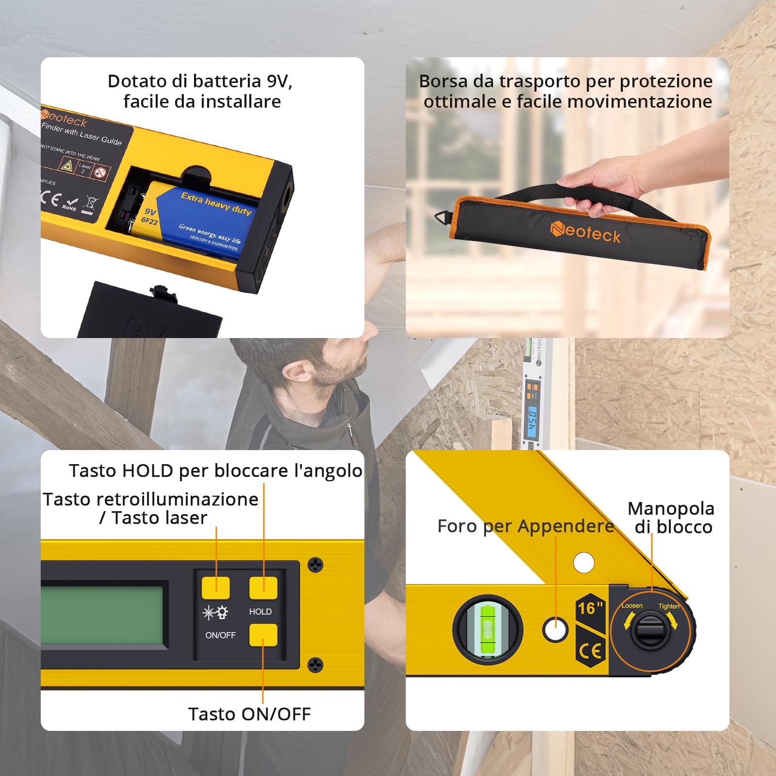 Neoteck Inclinometro Digitale con Laser 0-225°/400mm in Alluminio Goniometro Laser 3-5m con Precisione ±0.5°, Display LCD Retroilluminato Angle Finder Doppia Bolla Verticale Orizzontale -Dorata