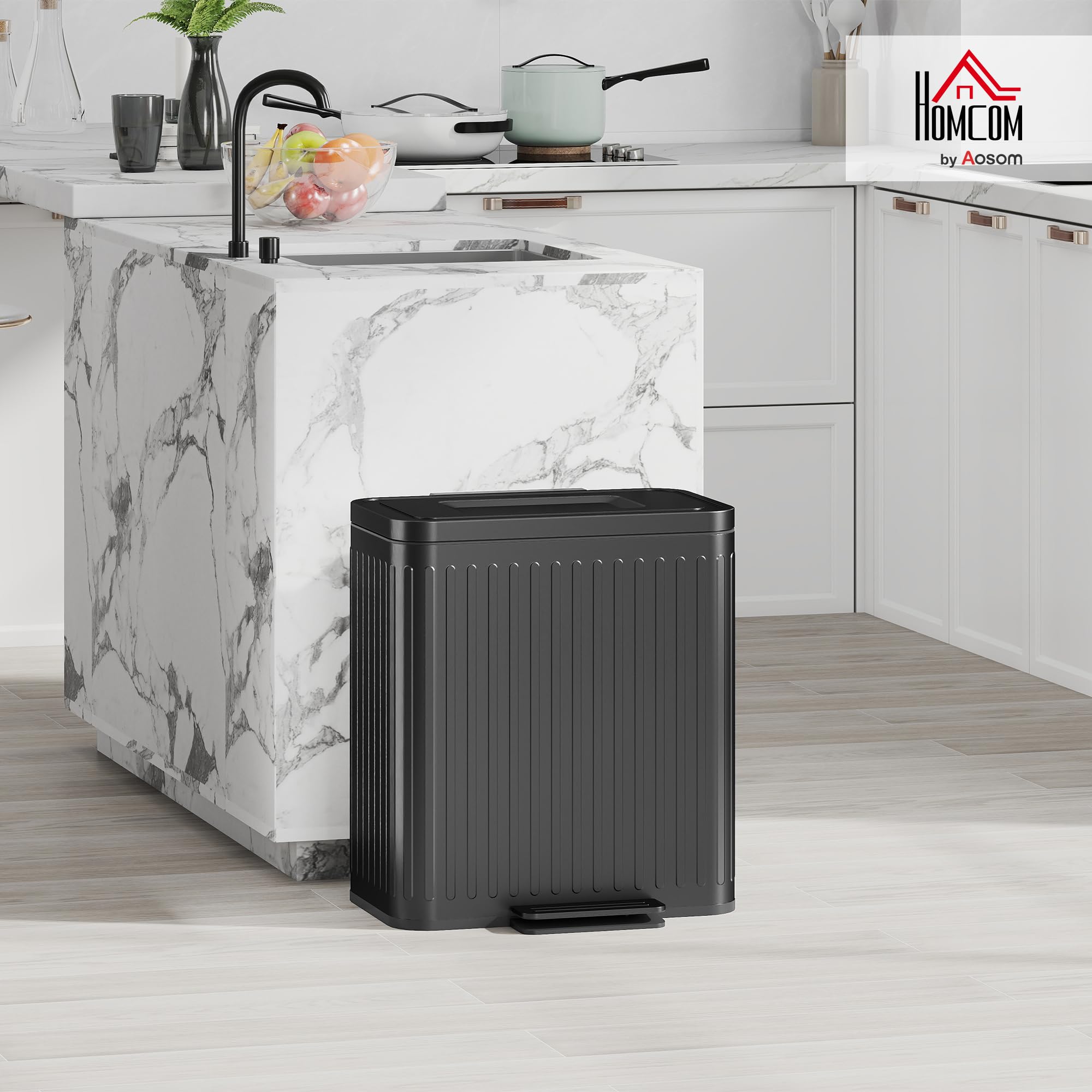 HOMCOM Poubelle à double compartiment 2 x 20L, poubelle de cuisine à pédale tri sélectif, seaux intérieurs amovibles, couvercle fermeture douce, maintien en ouverture, sacs-poubelle, anti-traces, noir