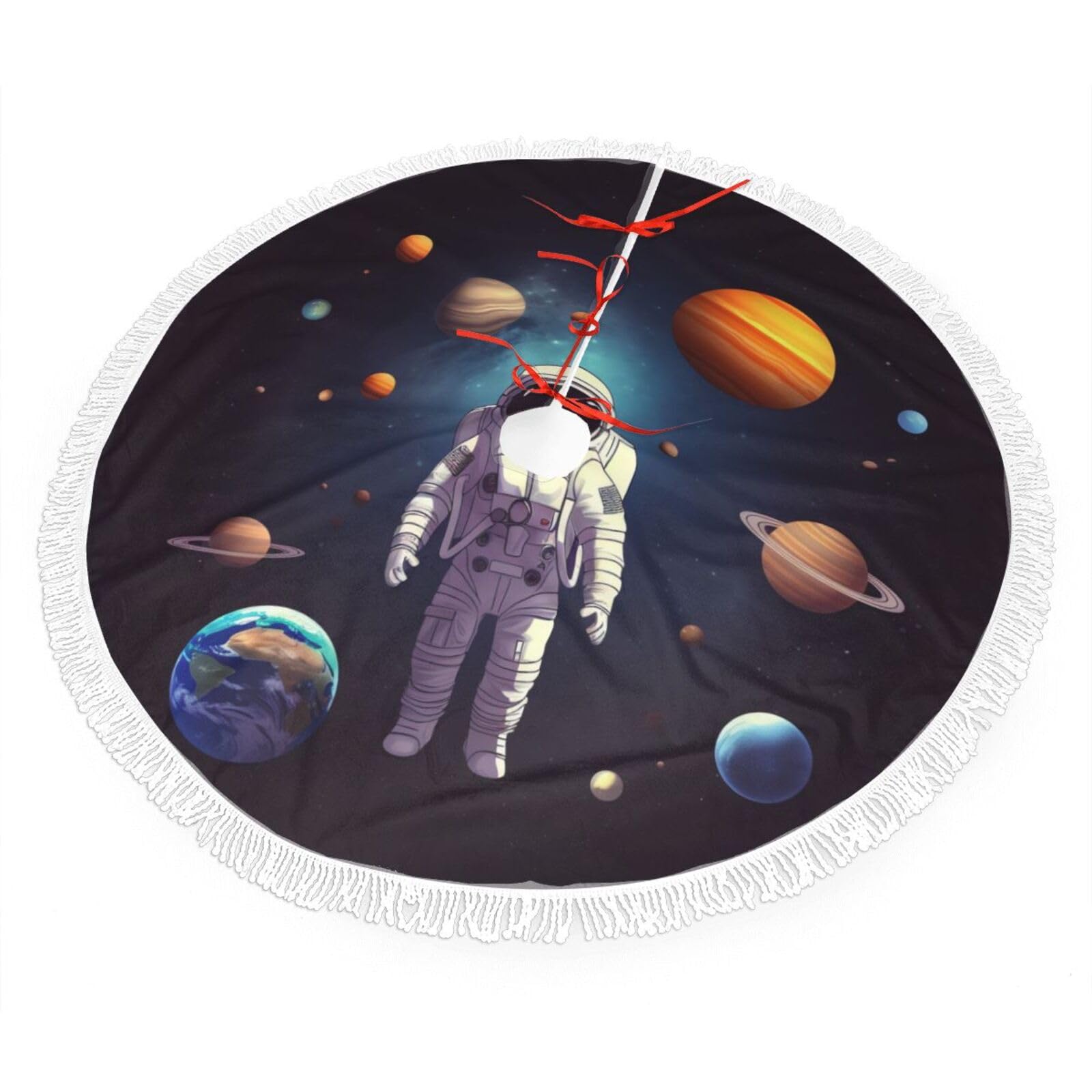 Astronaut Solar System Planets Christmas Tree Skirt 48", Soft Plush Xmas Tree Carpet with Tassel Christmas Ornaments Winter Holiday Tree Mat Decoration for Home Party Supplies