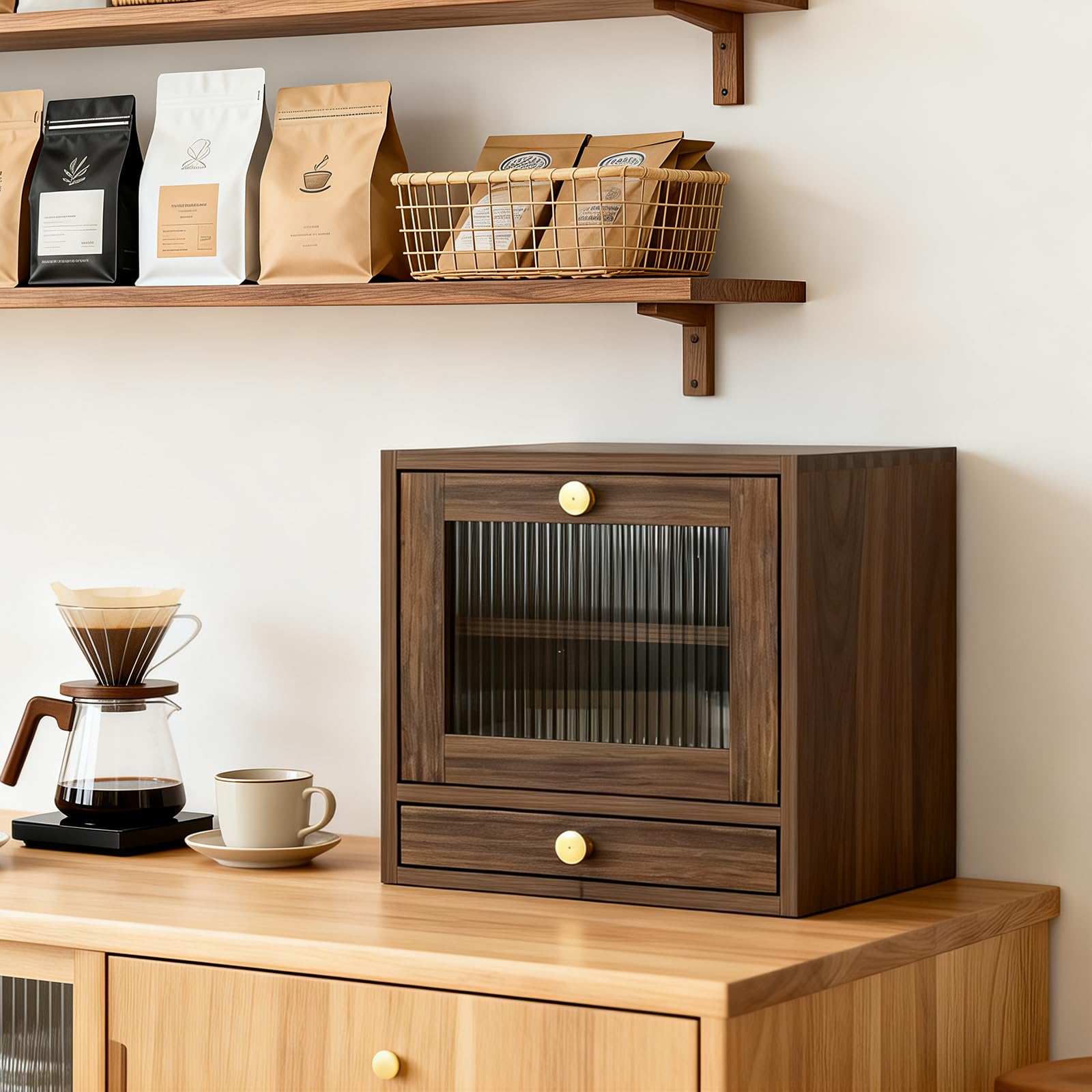 GarveeHome Brotkasten Holz, 36,8 x 24 x 36 cm Groß Brotbox mit Schublade zur Aufbewahrung von Geschirr, Küche Brotaufbewahrung mit Acrylglasfenster für Brot Längere Frische & Einfache Pflege