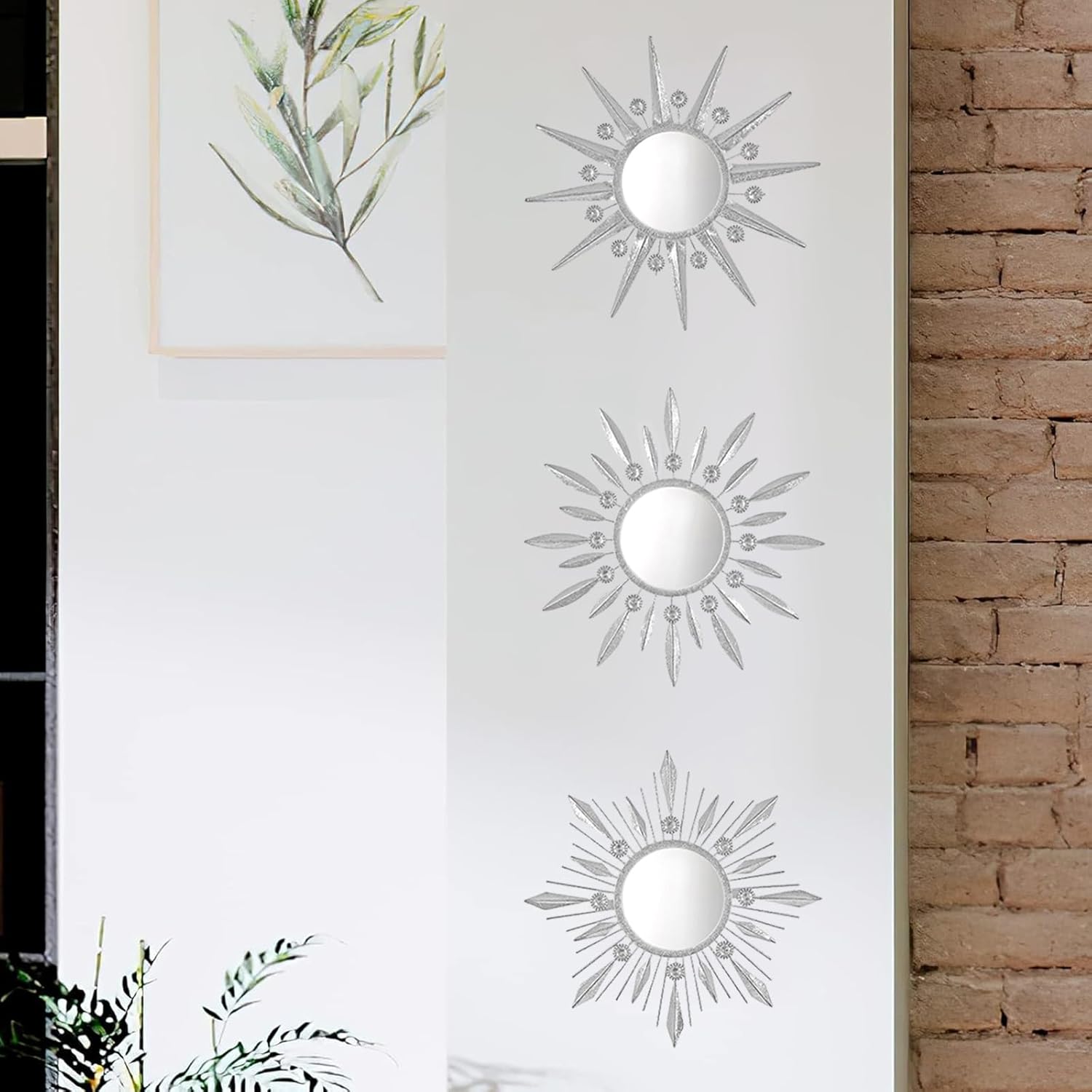 Silver Mirrors Wall Decor, Metal Sunburst Mirror Wall Art Christmas Decorative Mirrors, 9 inch Home Christmas Decoration Rhinestone Small Mirror for Living Room Entryway Set of 3 - Image 8