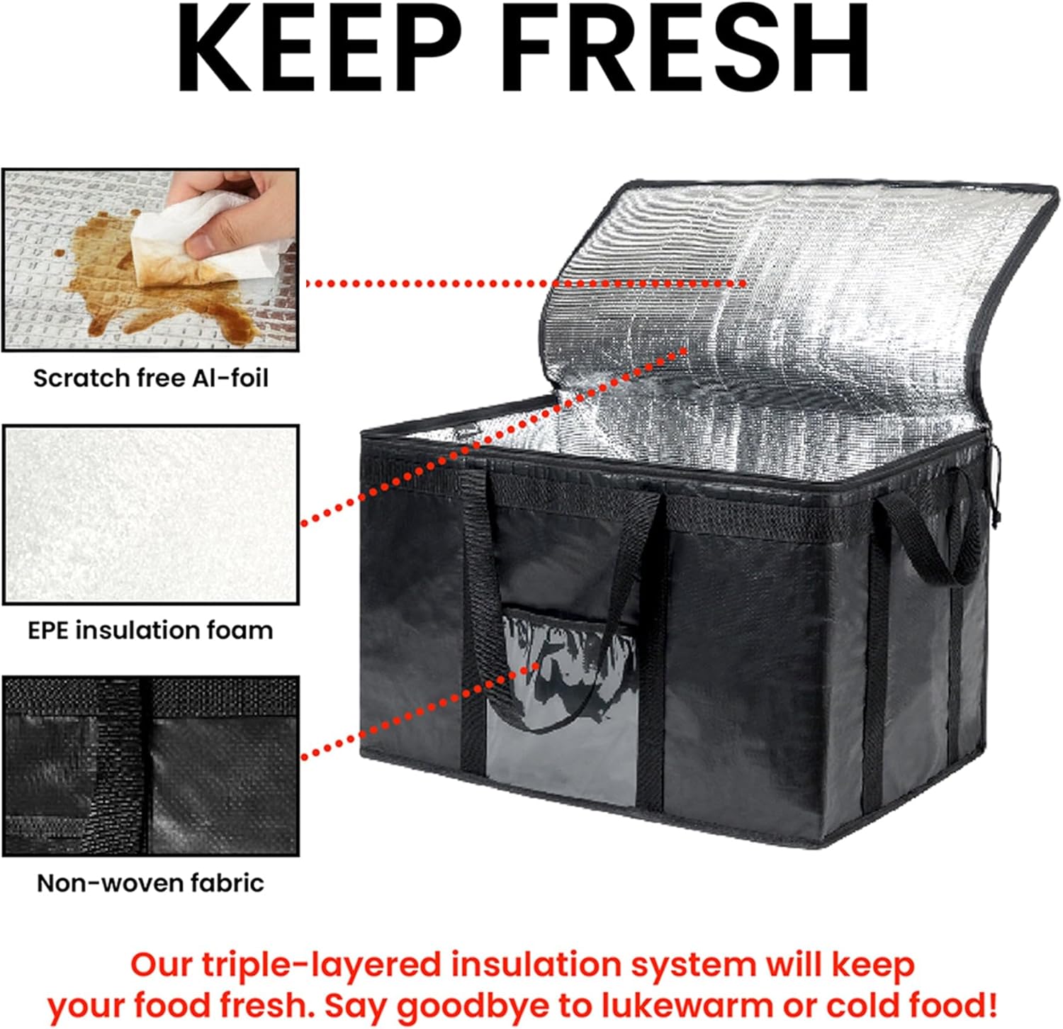NZ home Insulated Bags for Food Delivery (3XL PRO) Grocery Shopping Cooler Bag, Pizza Delivery, Hot & Cold Catering Tote, Reusable, Foldable & Heavy Duty (Black)