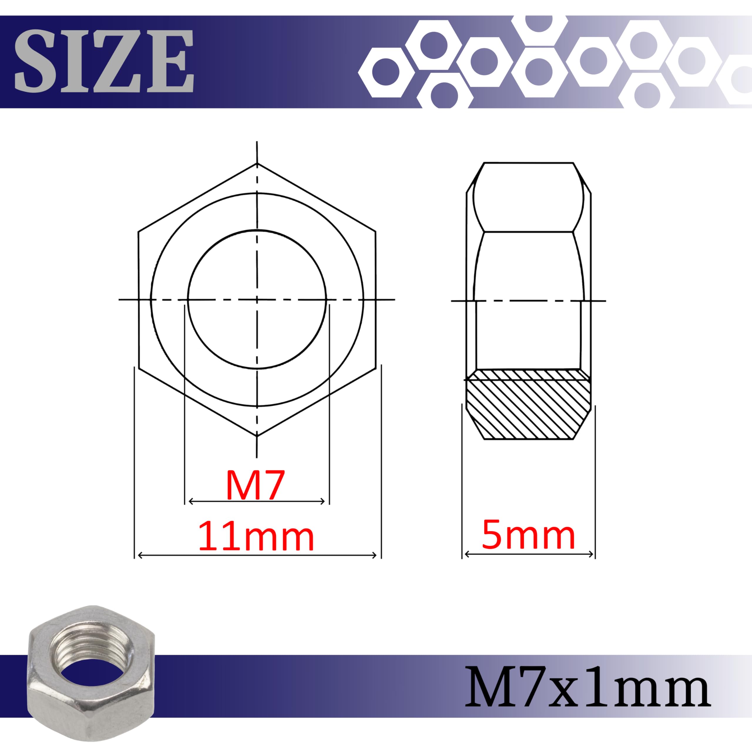 AERZETIX - Set di 10 Dadi esagonali M7x1mm a 6 lati con filettatura metrica - in acciaio inossidabile - colore argento - ideali per progetti fai da te elettronica e meccanica